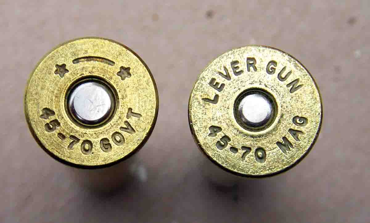 To prevent flatpoint cast bullets with wide meplats from contacting primers during heavy recoil in the Marlin Model 1895 magazine tube “belly,” Buffalo Bore Ammunition uses small rifle primers (right) in its factory .45-70 loads.